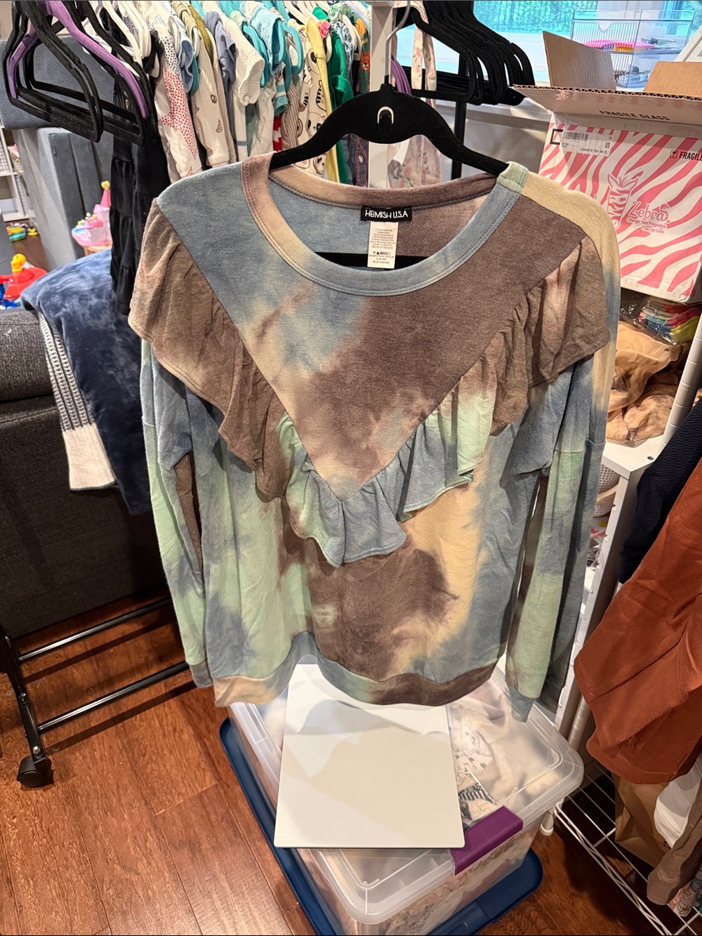 HEIMISH USA Women's Tie-Dye Ruffle Pullover - Blue, Brown, Green, Cream